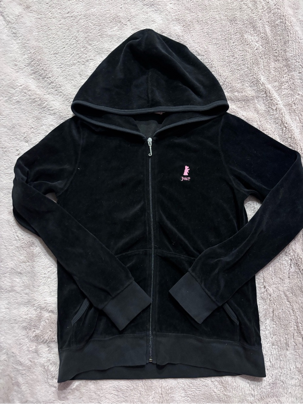 Juicy Couture Black Velour Zip Hoodie with Pink Logo - Girls
